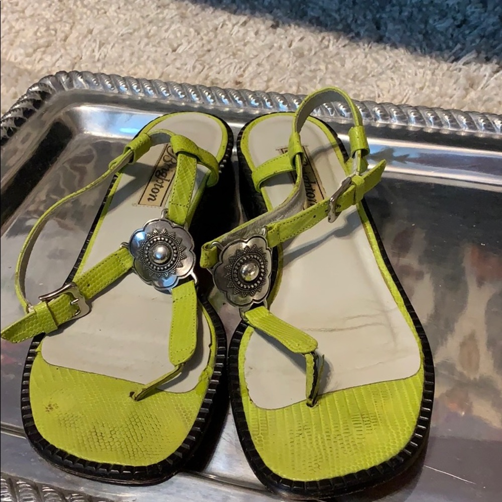 Brighton Lime Green Leather T-Strap Sandals with Silver Concho Accents
